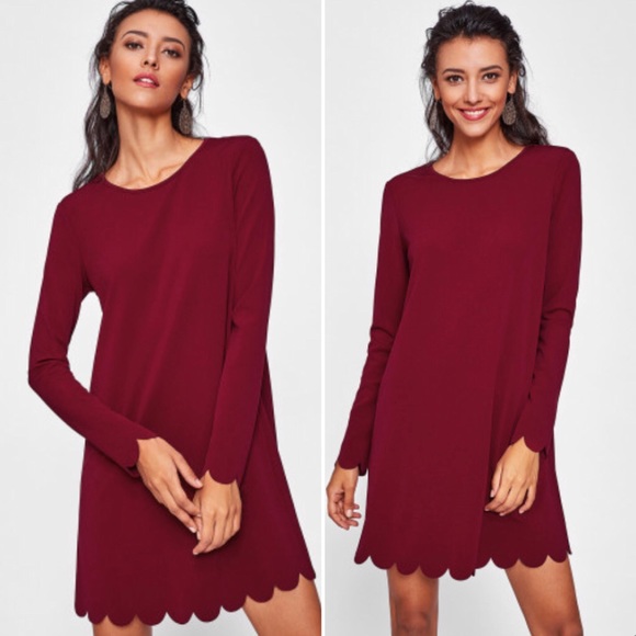 Dresses & Skirts - Scallop Edge Maroon Long Sleeve Dress Sz Small